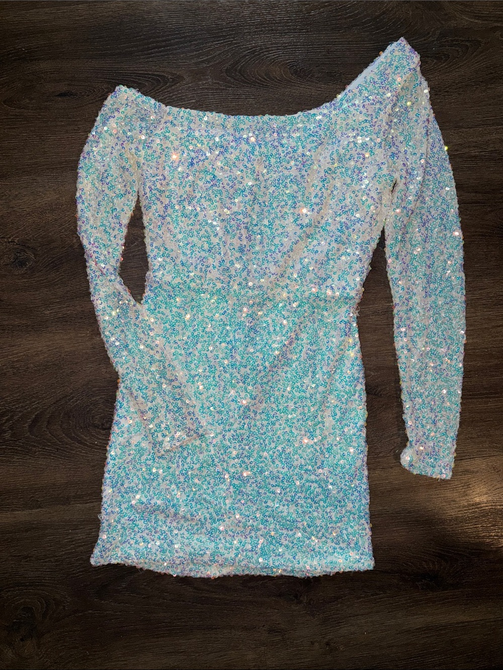 Windsor White Sequin One-Shoulder Mini Dress with Blue and Purple Accents